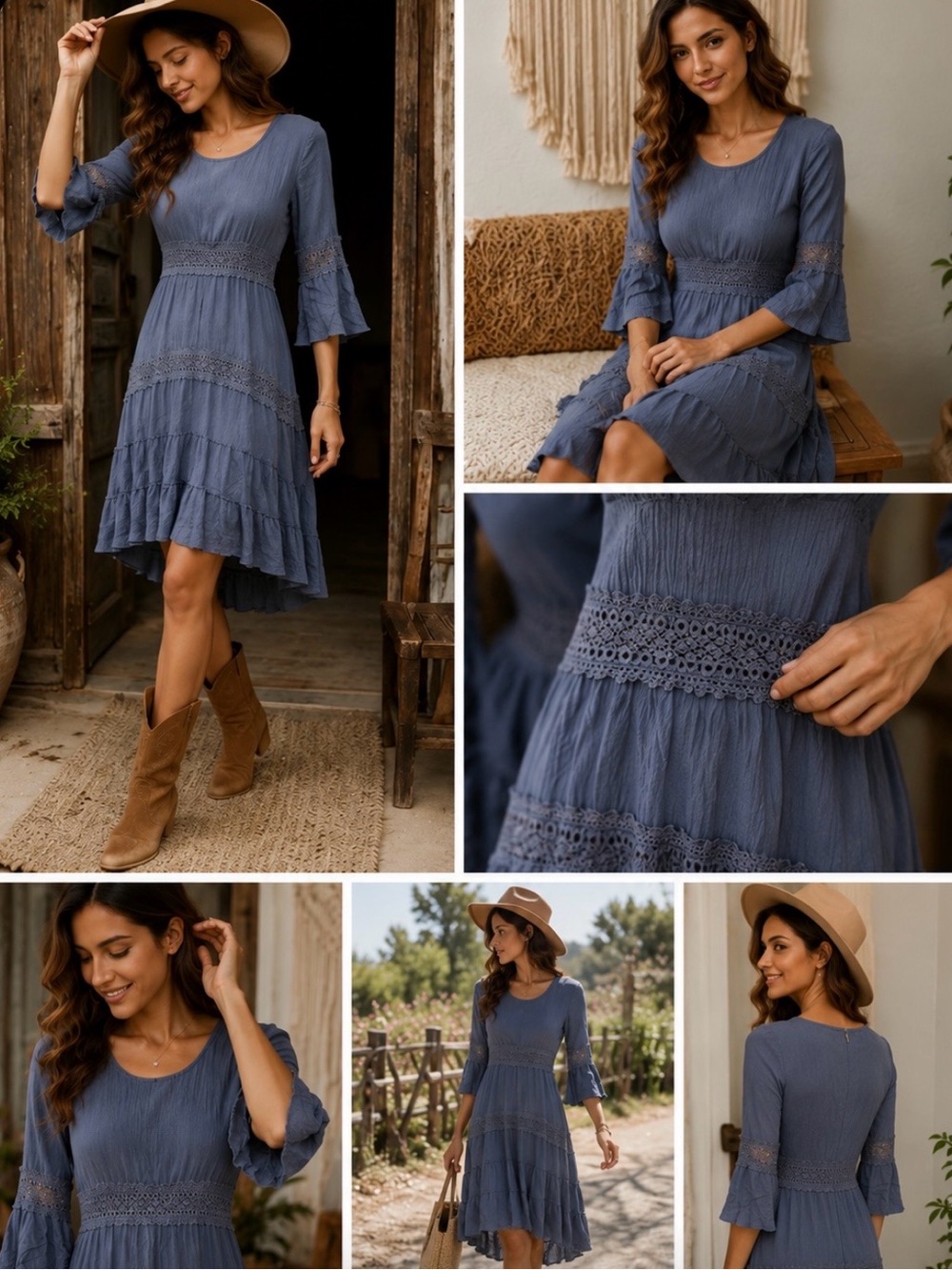 Solitaire Boho Cottagecore Blue Rayon Dress XS Crochet Lace Tiered Bell Sleeve